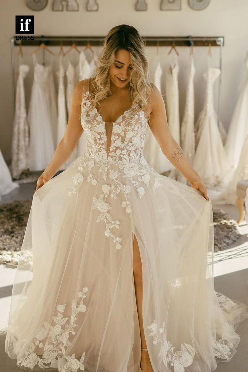 31644 - Plunging V-Neck Double Straps Split Appliques Boho Wedding Dress