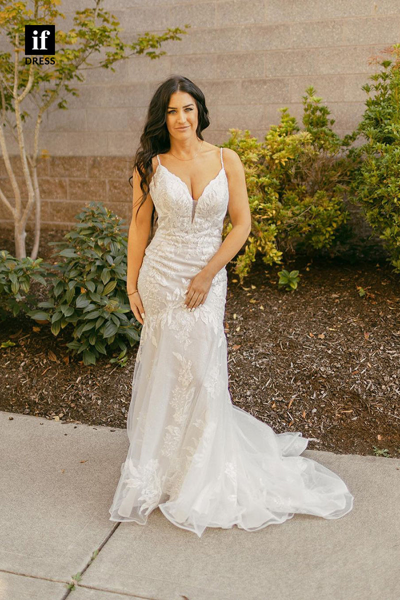 31648 - Sexy Spaghetti Straps V-Neck Sleeveless Appliques Boho Wedding Dress