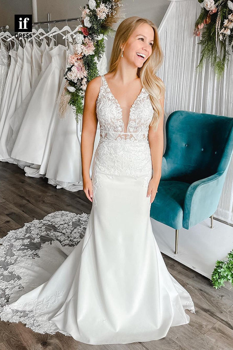 31653 - Attractive Double Straps Plunging V-Neck Lace Appliques Wedding Dress