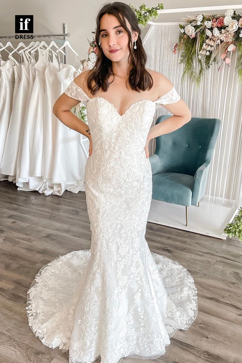 31654 - Romantic Cap Sleeves Off-Shoulder Lace Appliques Boho Wedding Dress