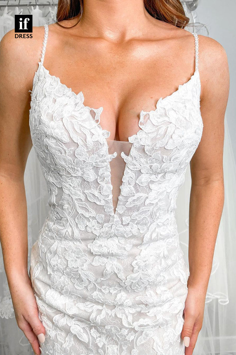 31656 - Sexy Spaghetti Straps V-Neck Lace Appliques Beach Wedding Dress