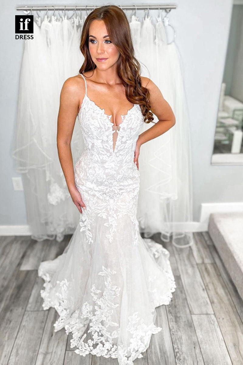31656 - Sexy Spaghetti Straps V-Neck Lace Appliques Beach Wedding Dress