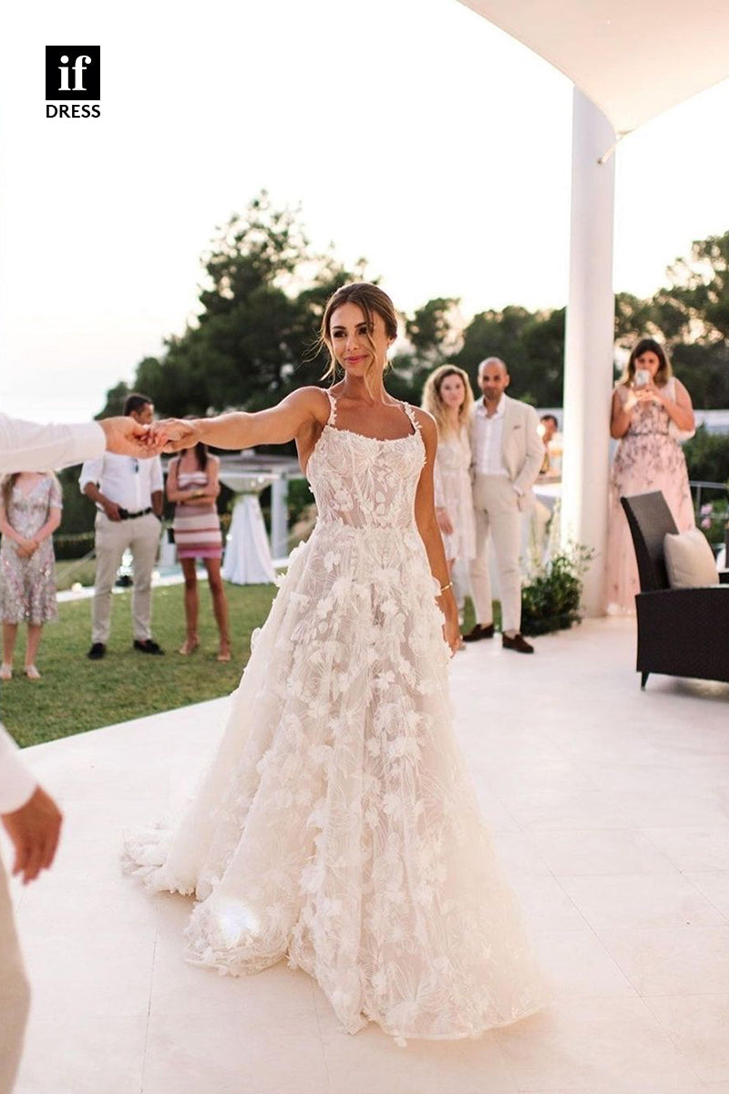 31660 - Romantic A-Line Spaghetti Straps Appliques Boho Wedding Dress