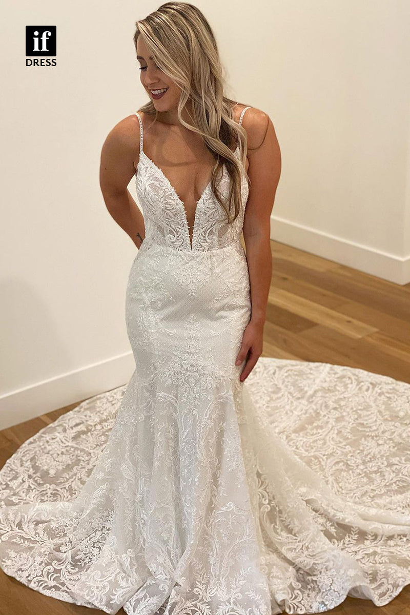 31663 - Modern Spaghetti Straps Plunging V-Neck Lace Mermaid Wedding Dress
