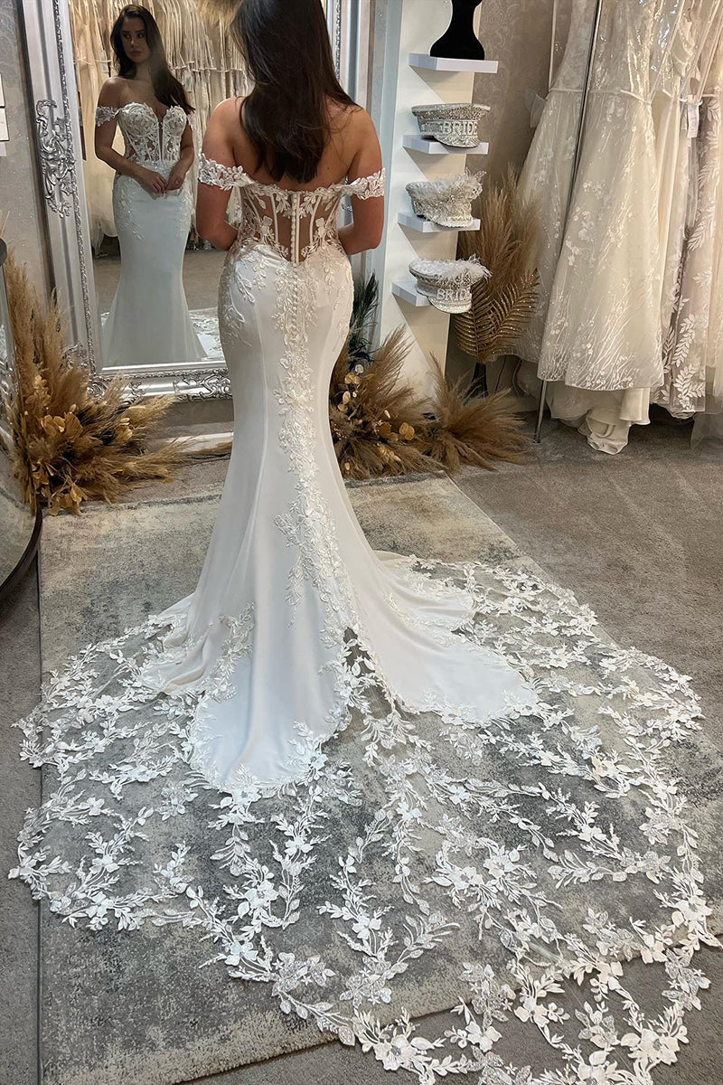 31687 - Attractive V-Neck Lace Appliques Mermaid Wedding Dress Bridal Gowns