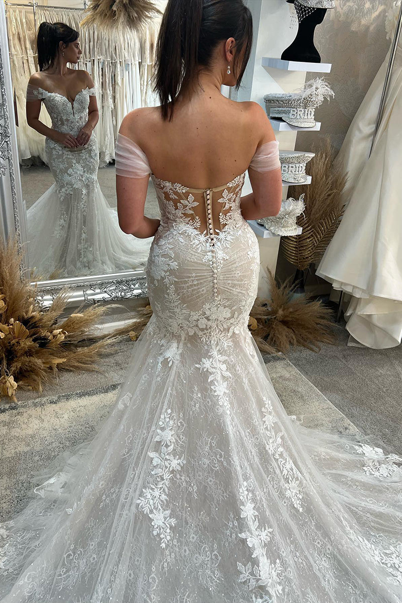31688 - Unique Off the Shoulder Lace Mermaid Wedding Dress Bridal Gowns