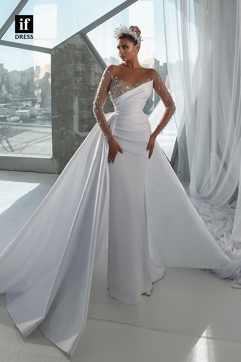 31571 - Honorable Off-Shoulder Beads Long Sleeves Pleats Wedding Dress