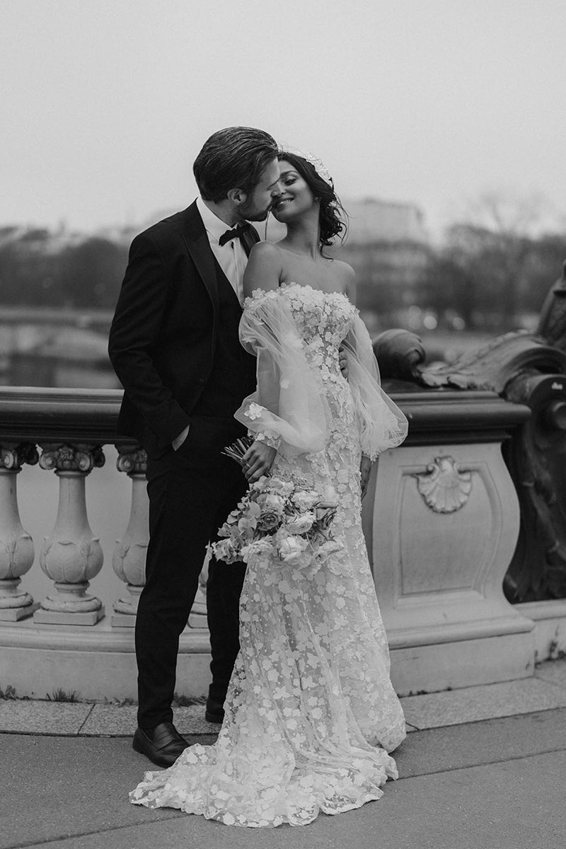 31701 - Unique Off the Shoulder Allover 3D Lace Wedding Dress with Sleeves