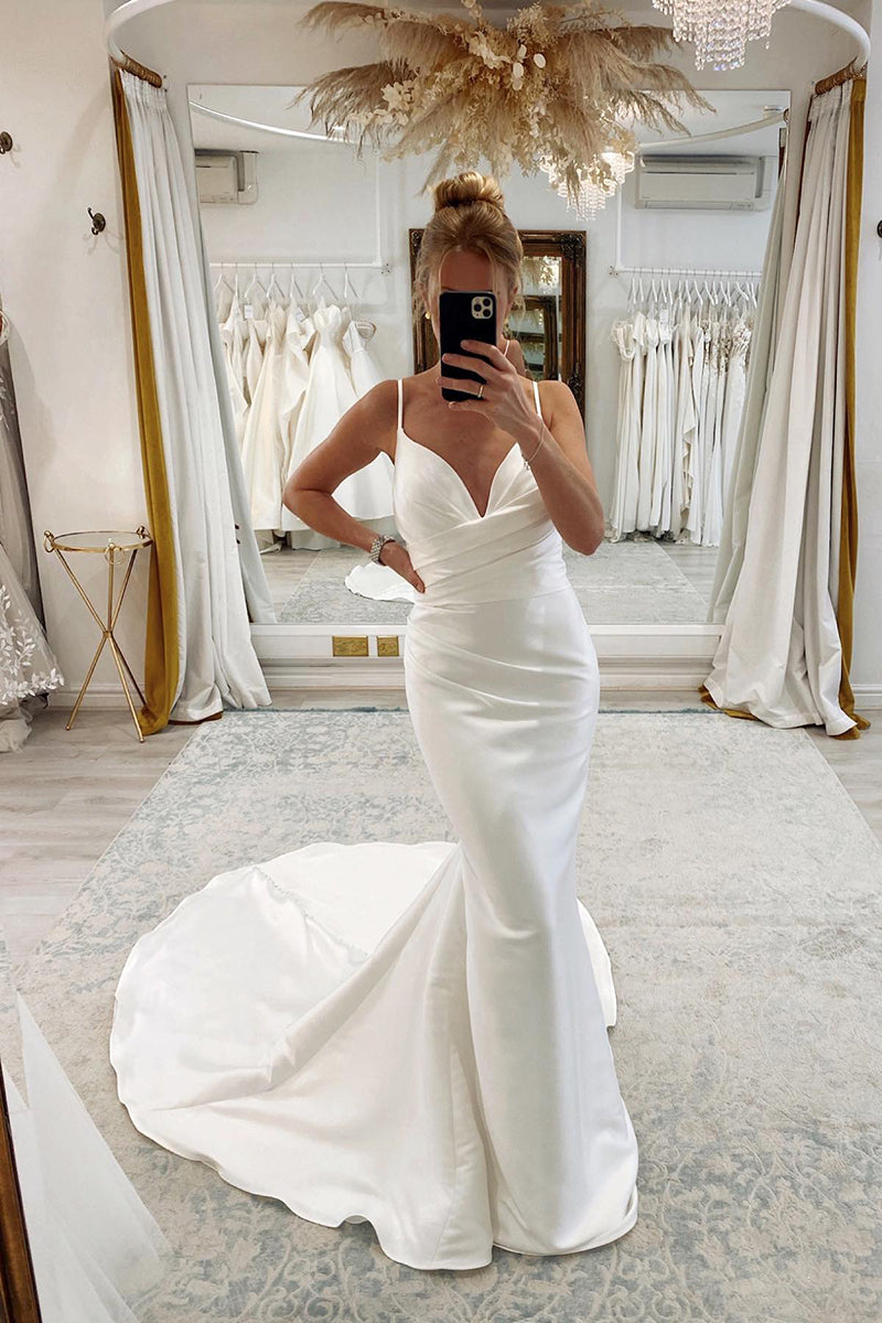 31705 - Spaghetti Straps V-neck Pleats Simple Mermaid Wedding Dress