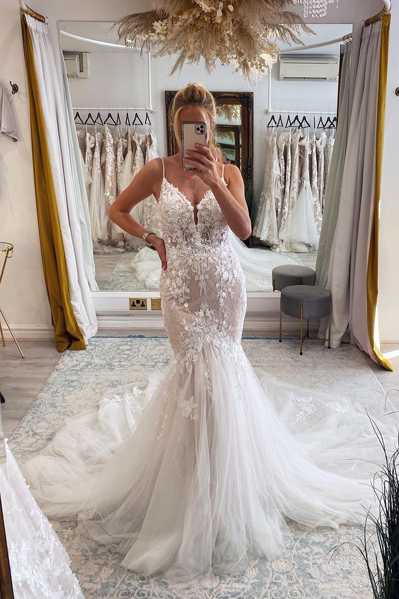 31708 - Spaghetti Straps Lace Appliques Mermaid Wedding Dress