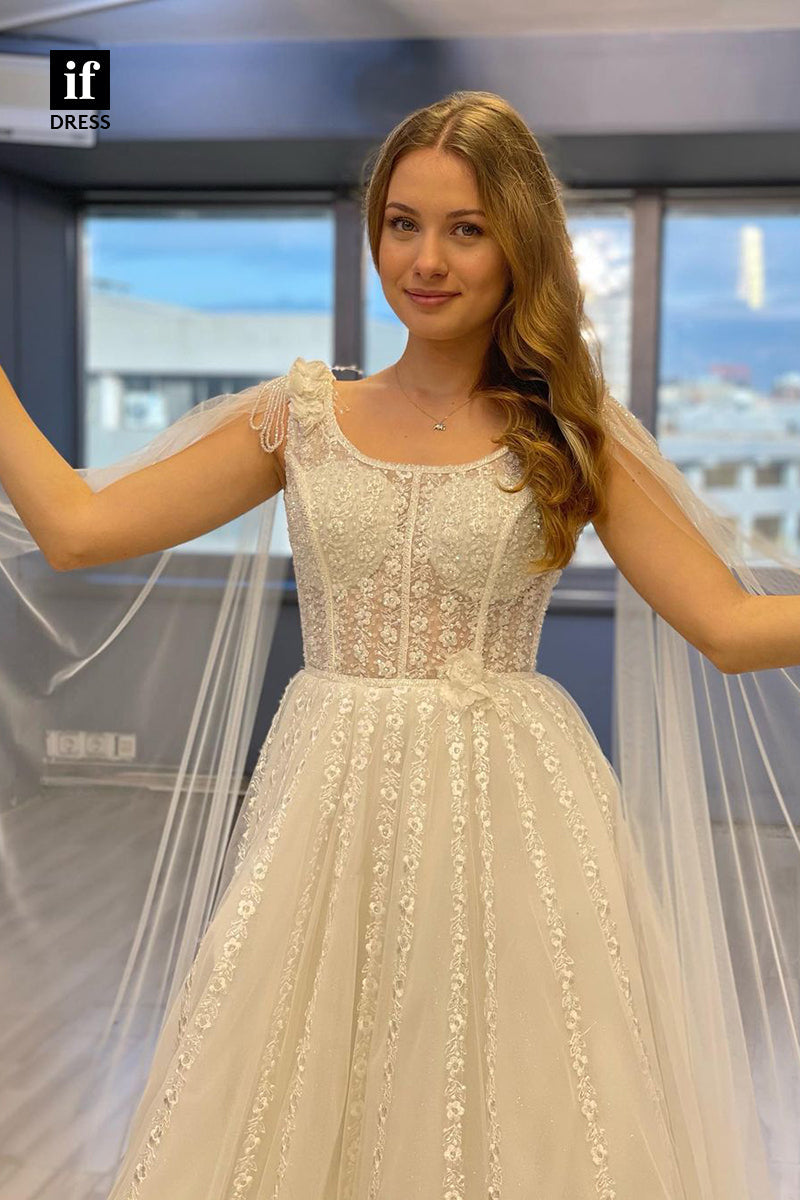 31722 - A-Line Double Straps Scoop Tulle Boho Wedding Dress