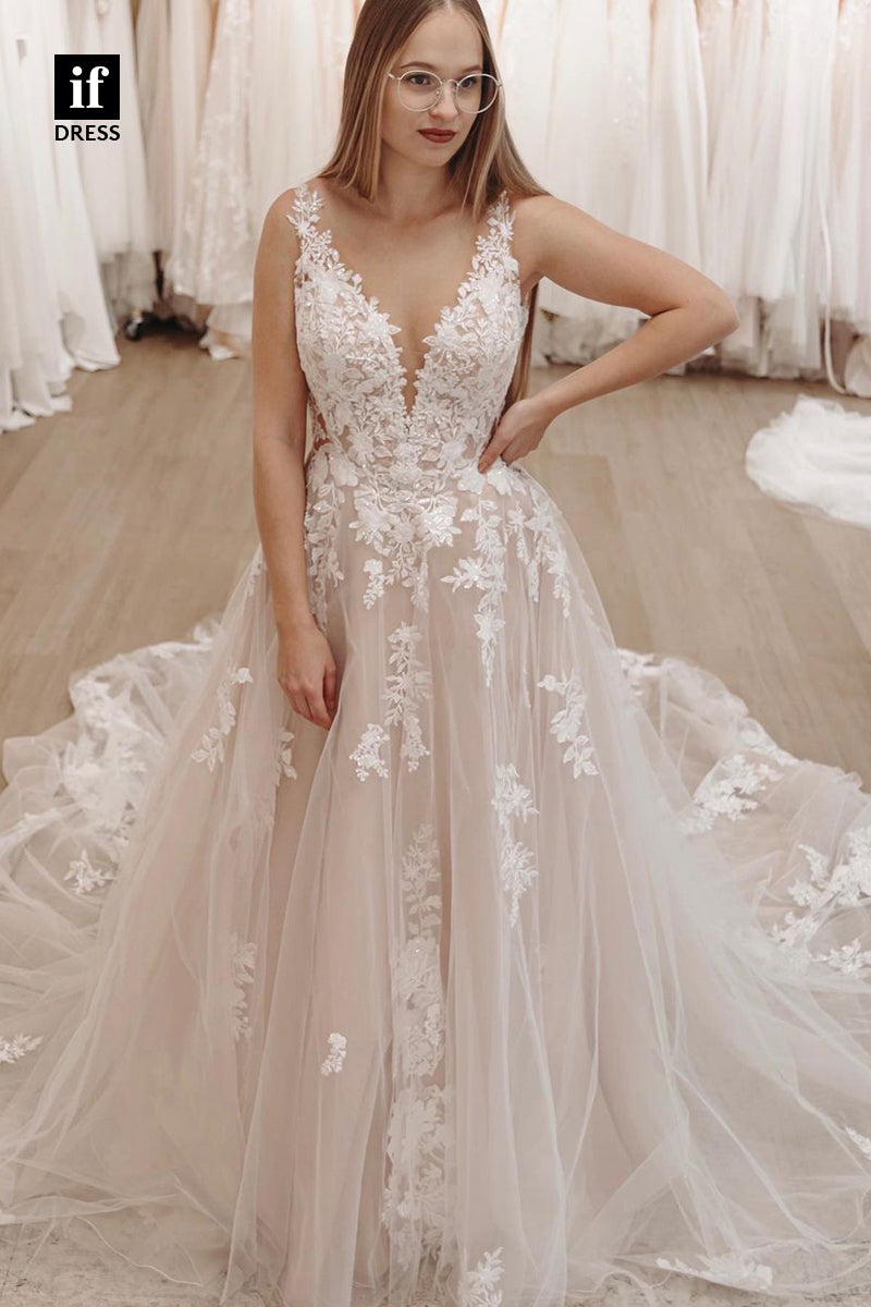 31726 - Charming Straps Plunging V-Neck Appliques Beach Wedding Dress