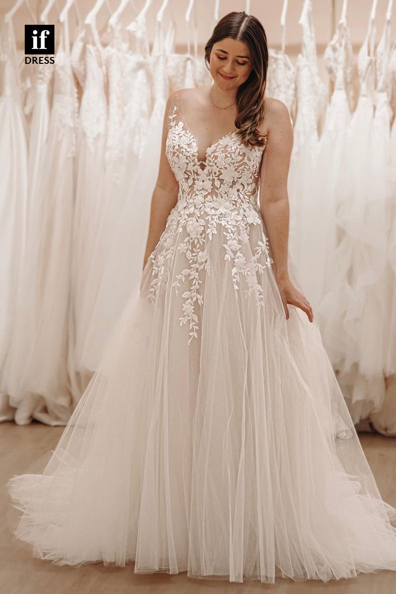 31727 - Illusion A-Line V-Neck Appliques Boho Wedding Dress