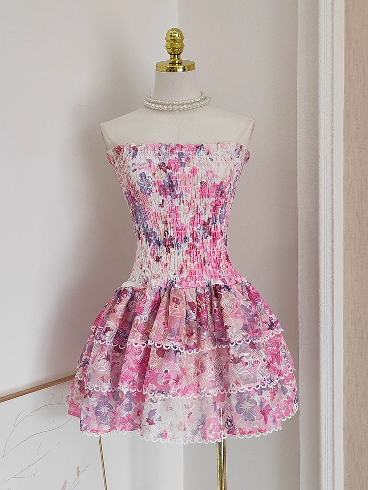 Cute A-Line Strapless Sleeveless Pink Floral Cocktail Dress Short Birthday Outfits - FashionDia