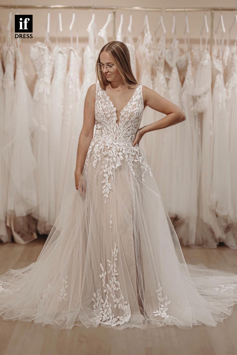 31723 - Generous Straps V-Neck Appliques Lace Tulle Boho Wedding Dress