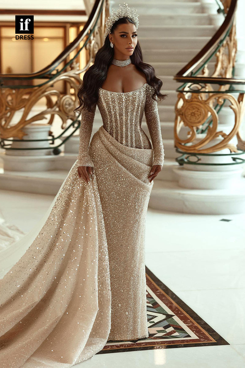 31737 - Glamorous Scoop Pleats Sequined Long Sleeves Boho Wedding Dress with Train