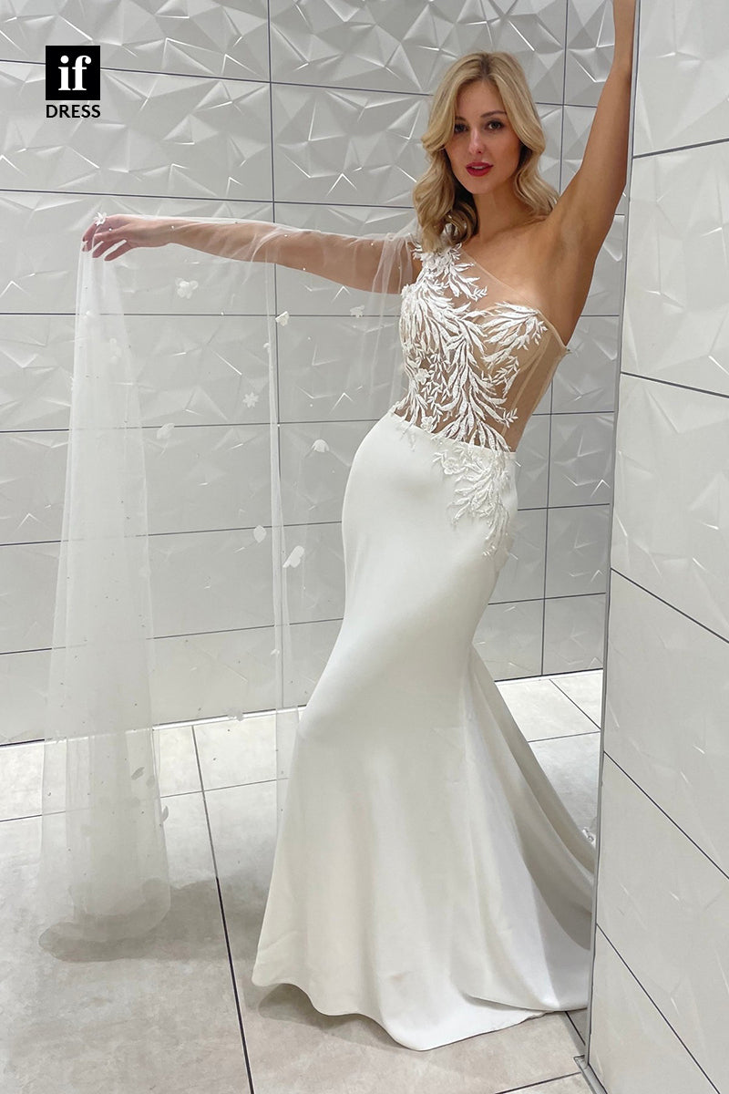 31667 - Chic One Shoulder Lace Appliques Illusion Bohemian Wedding Dress