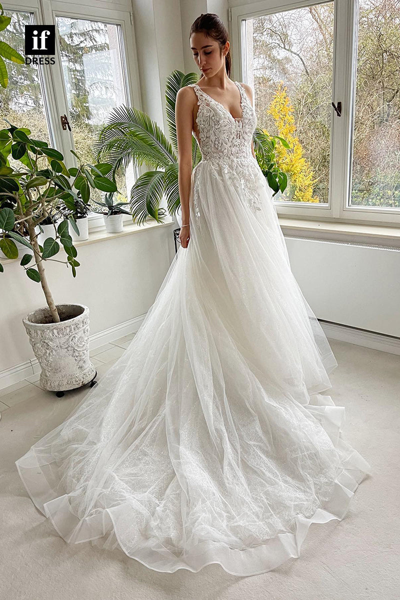 31681 - A Line V-Neck Lace Appliques Rustic Wedding Dress