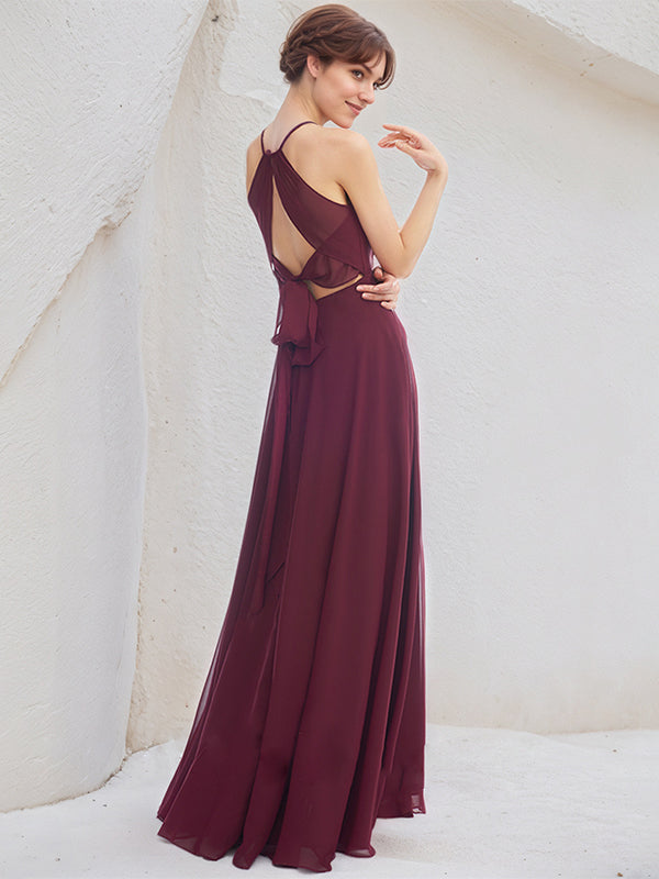 Mulberry A-Line Halter Floor-Length Chiffon Bridesmaid Dress