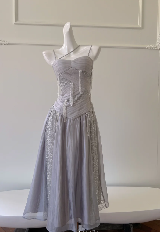 Classy Purple Sequins Tulle Beaded Tassel Prom Dress A Line Evening Dress Y8586 - VelvetHem
