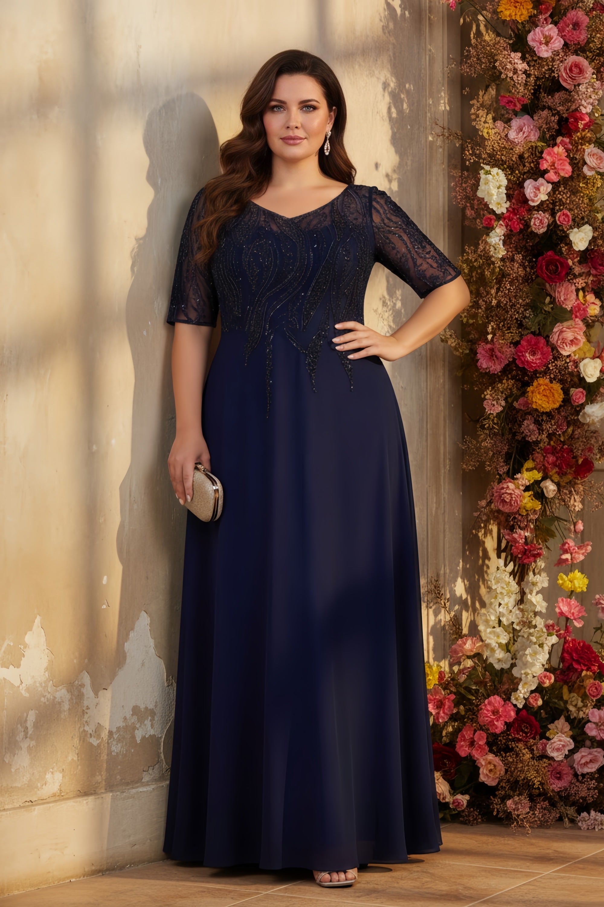 Elegant V-Neck Half Sleeve Evening Gown with Beaded Bodice