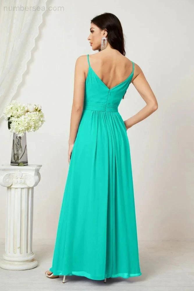 ZapDress Chiffon V-Neck Bridesmaid Dress Spaghetti Strap Long Formal Party Prom Gowns with Slit 28010 (ZD17028)