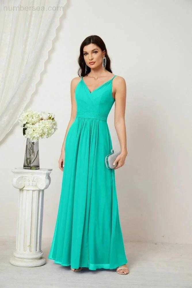 ZapDress Chiffon V-Neck Bridesmaid Dress Spaghetti Strap Long Formal Party Prom Gowns with Slit 28010 (ZD17028)