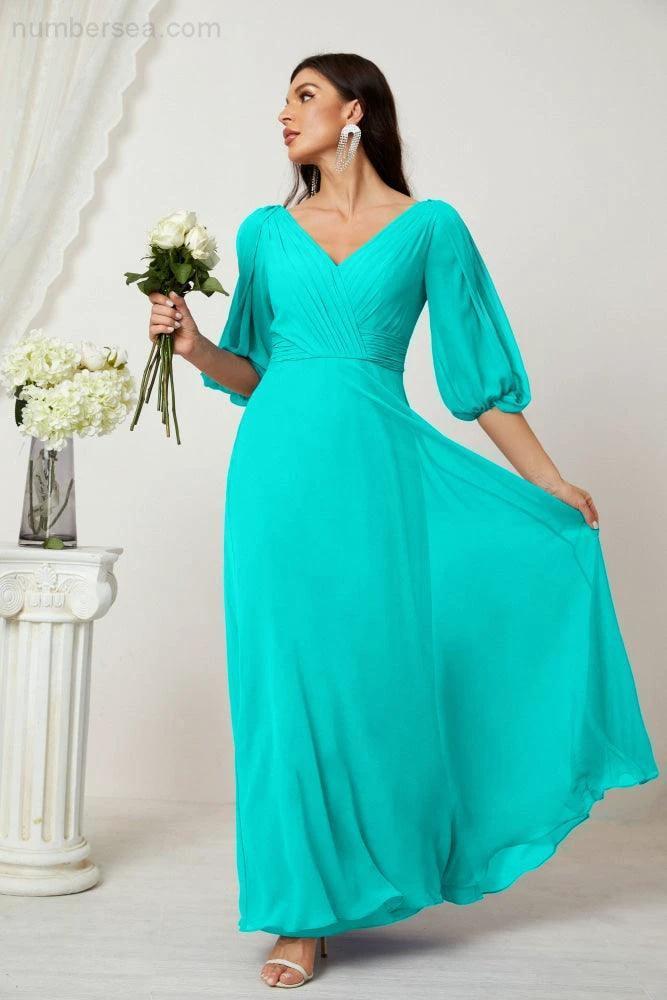 ZapDress  Formal Prom Gown Women V-Neck Chiffon Bridesmaid Dresses Long Bishop Sleeve Party Dress 2807 (ZD17027)