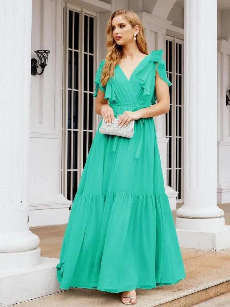 Numbersea Women's Open Back Formal Evening Party Prom Gowns V-Neck Long Chiffon Bridesmaid Dresses with Waist Belt 28038 by numbersea