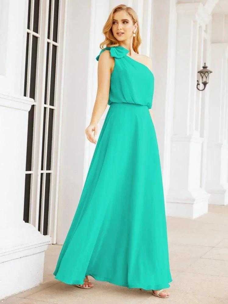 Numbersea Chiffon Ruffled One Shoulder Sleeveless Long Bride Dresses A-line Formal Evening Gown Side Split 28057 by numbersea