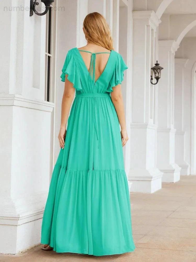 ZapDress Women's Open Back Formal Evening Party Prom Gowns V-Neck Long Chiffon Bridesmaid Dresses with Waist Belt 28038 (ZD17000)