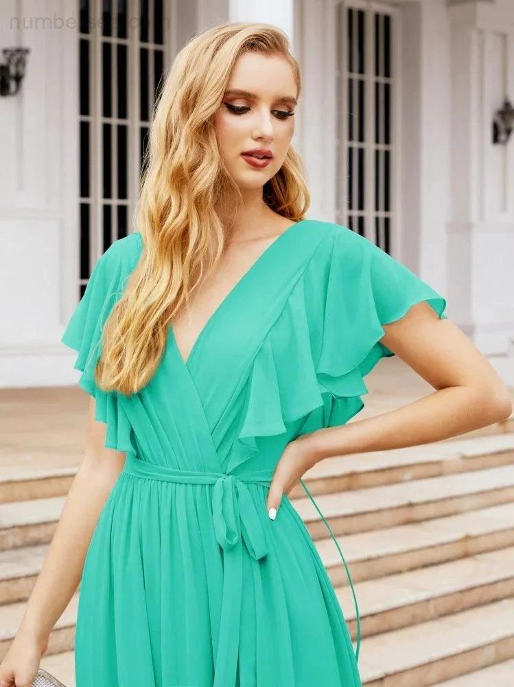 ZapDress Women's Open Back Formal Evening Party Prom Gowns V-Neck Long Chiffon Bridesmaid Dresses with Waist Belt 28038 (ZD17000)