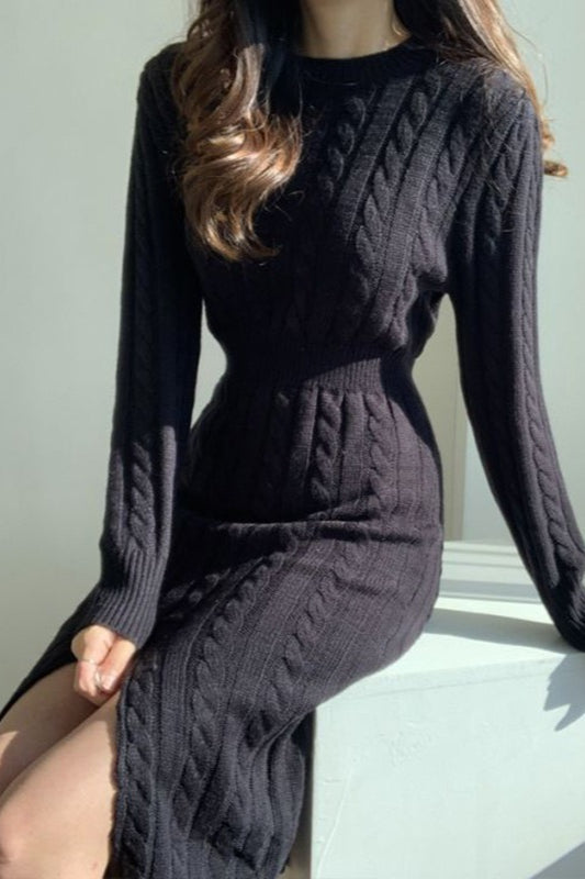 Ribbed Reversible Crewneck Split Hem Sweater Dress - View 5 | VelvetHem
