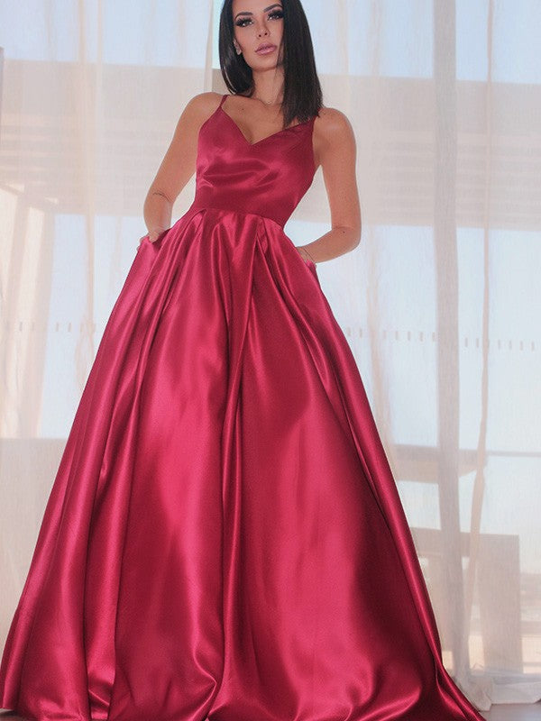 Long A-line Spaghetti Straps Satin Backless Prom Dresses with Pockets - View 3 | VelvetHem