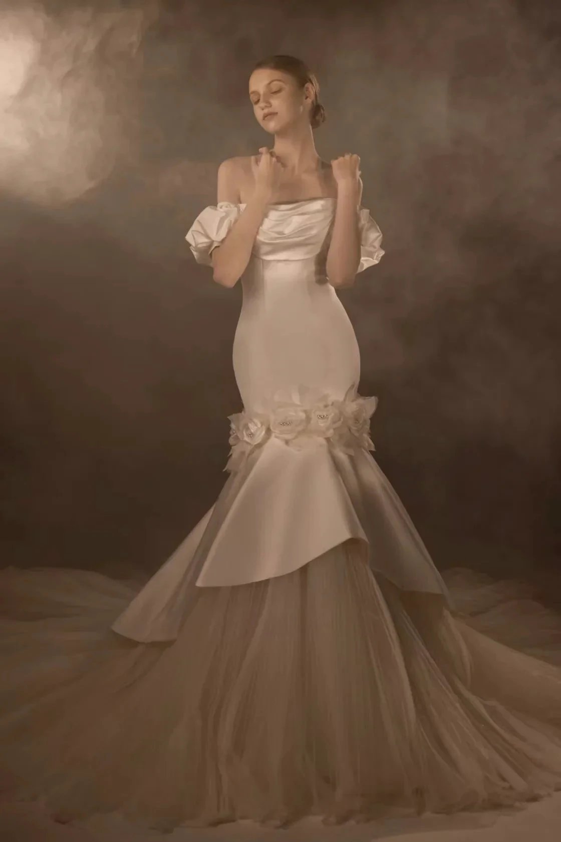 Gorgeous Long Mermaid Off-the-Shoulder Puff Sleeve Satin Wedding Dress with 3D Flower & Lace-Up Back & Tulle Train (ZD16908)