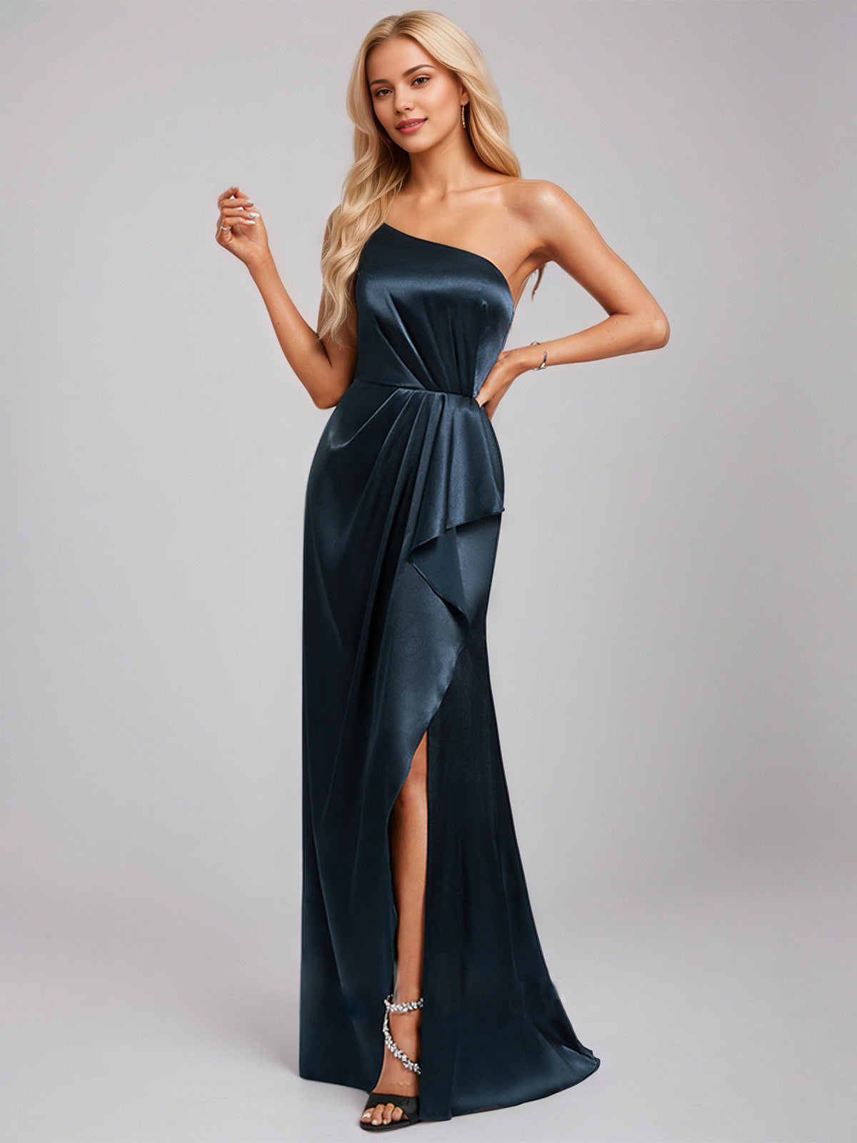 Dark Navy Satin A-Line One-Shoulder Floor-Length Bridesmaid Dress With Ruffle - View 4 | FashionDia