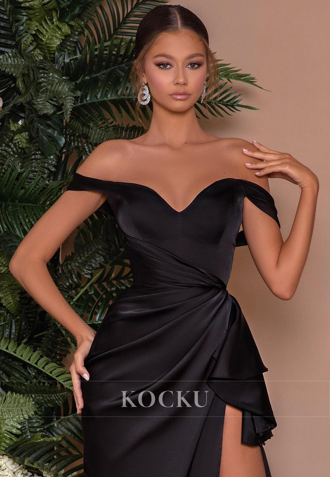 L1456 - Bateau Off-Shoulder Ruched Satin Prom Evening Formal Dress With Slit