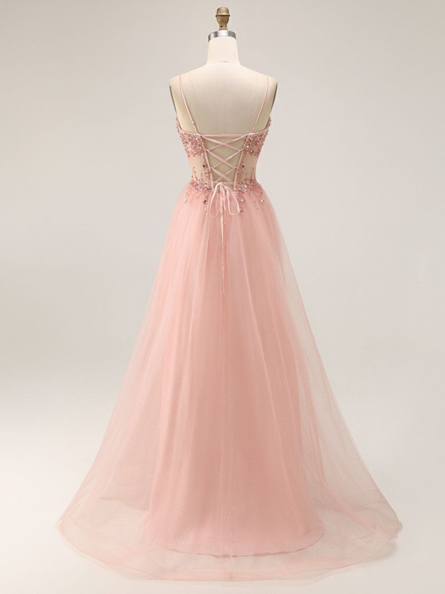 Light Pink Glitter Beaded Tulle Corset Long Porm Dress