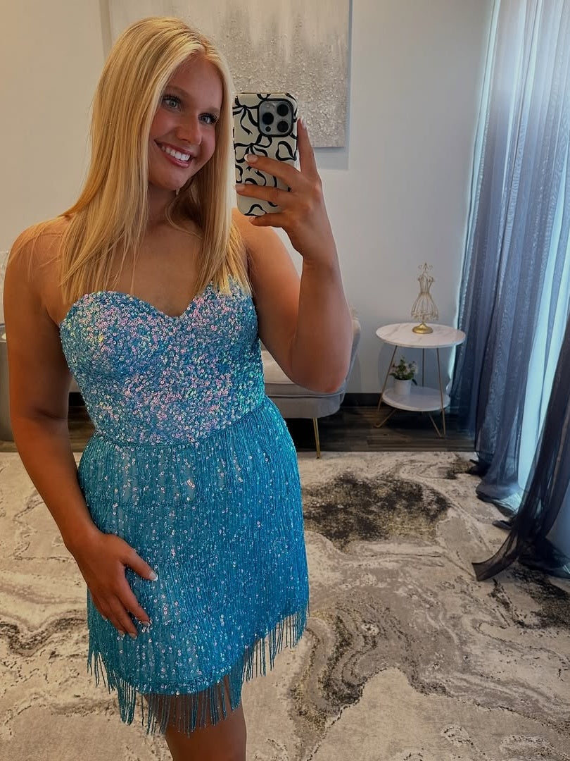 Sparkly Sheath Sweetheart Blue Sequins Short Homecoming Dress with Tassel