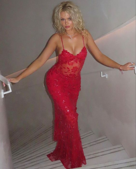 Gorgeous Red Lace Beading Mermaid Evening Dress Party Prom Dress