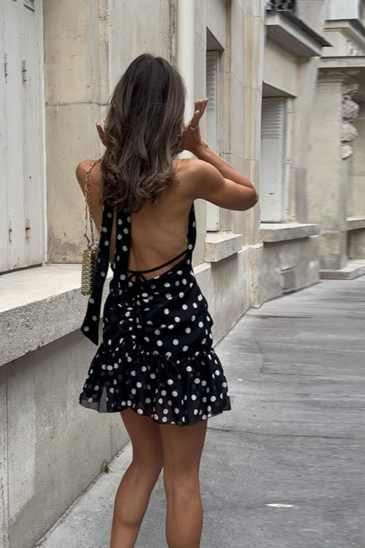 Polka Dot V-Neck Mini Dress - View 4 | VelvetHem