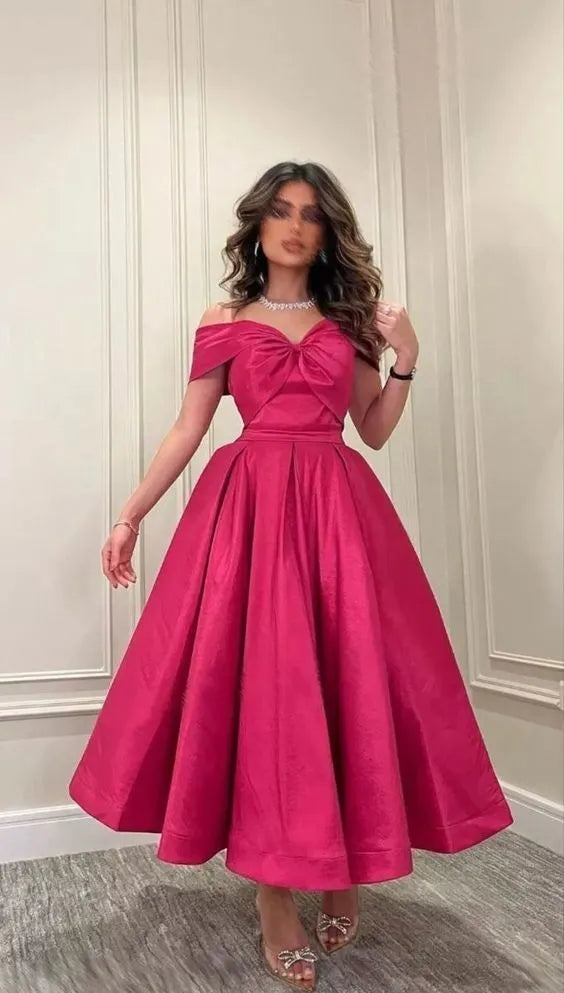 A Line Fuchsia Saudi Arabia Prom Dresses Off The Shoulder Formal Prom Gowns V-Neck Princess Long Evening Dress