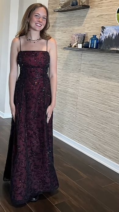 A-Line Spaghetti Straps Burgundy Sequin Long Prom & Evening Dress - FashionDia