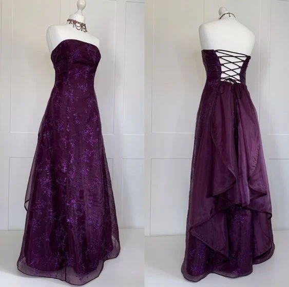 A Line Strapless Grape Lace Long Prom Dresses Evening Dress