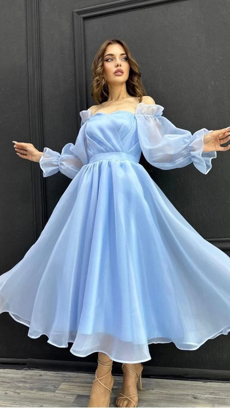 A Line Strapless Light Sky Blue Organza Prom Dresses Evening Dress