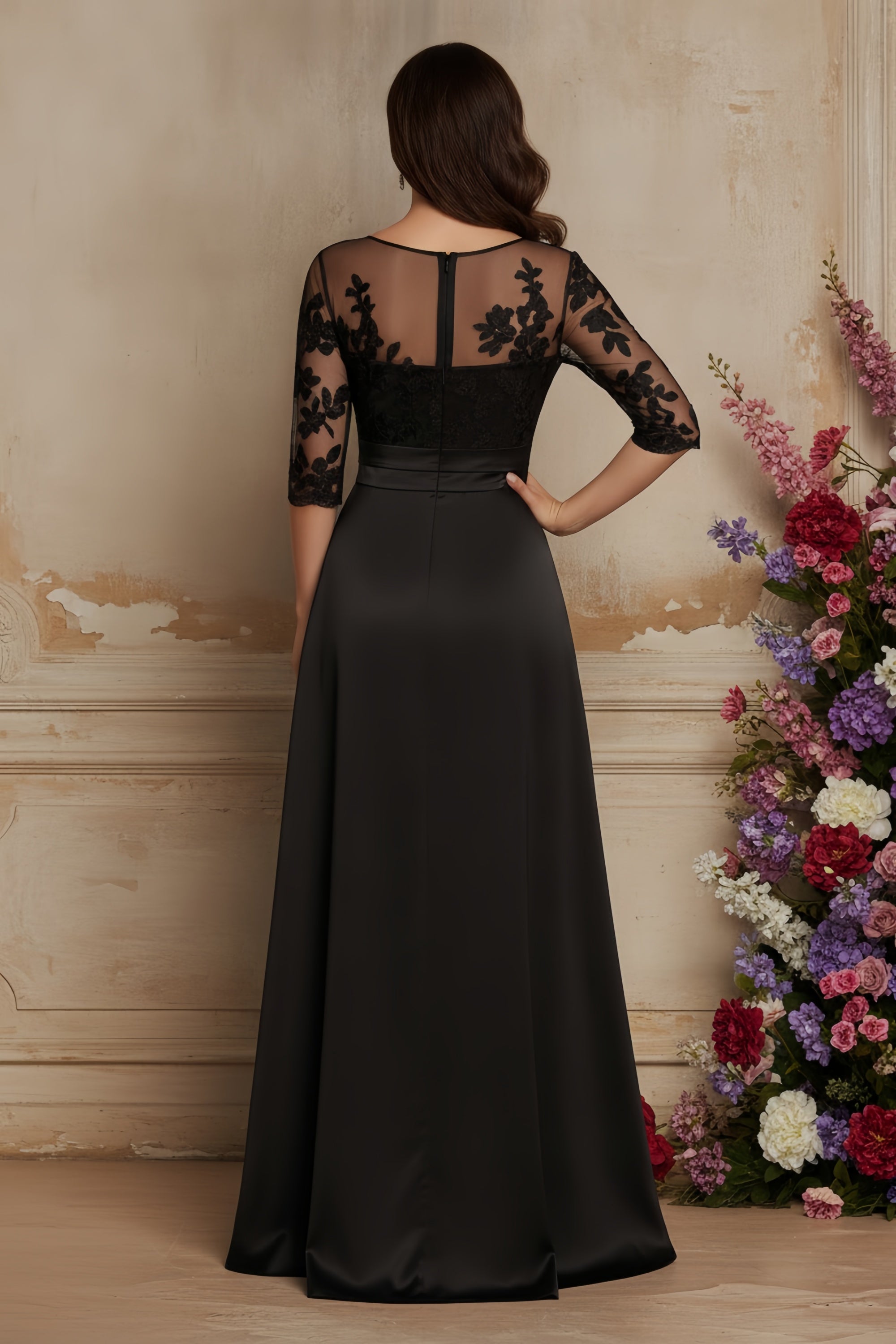Elegant Illusion Lace Bodice Gown with 3/4 Sleeves and Slit