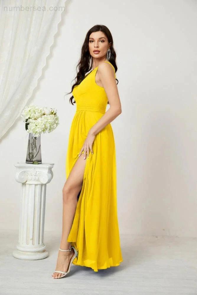 ZapDress Chiffon V-Neck Bridesmaid Dress Spaghetti Strap Long Formal Party Prom Gowns with Slit 28010 (ZD17028)