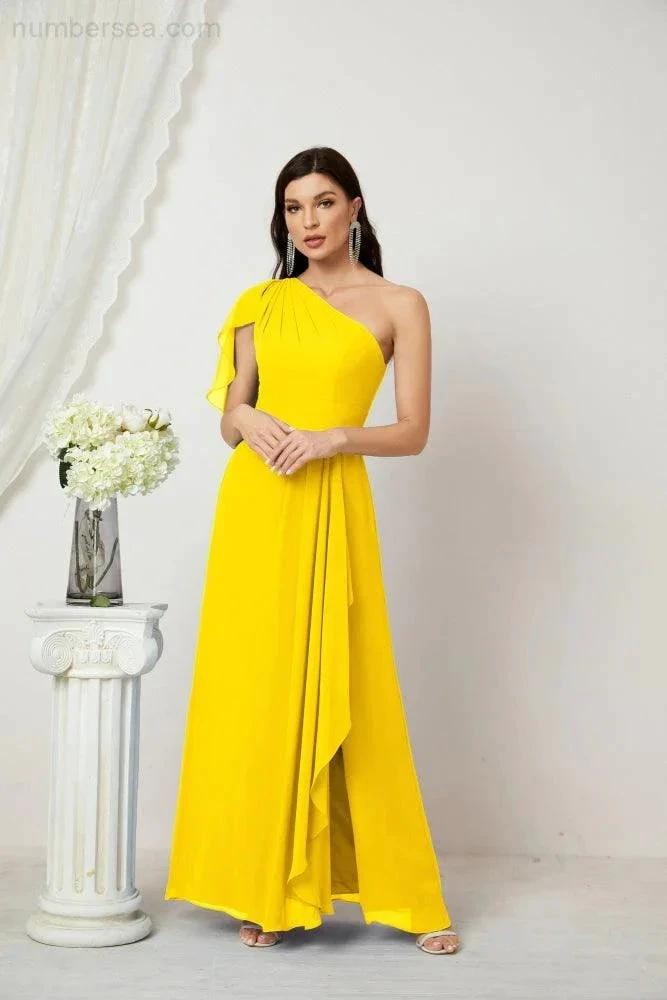ZapDress  Chiffon Ruffled One Shoulder Long Bridesmaid Dresses A-line Formal Evening Gown Side Split 2809 (ZD17049)