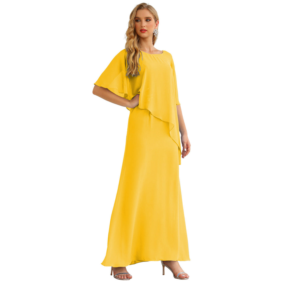 Sunnderly Chiffon Plus Size Mother of The Bride Dresses Formal Prom Gown Ruffle Cape