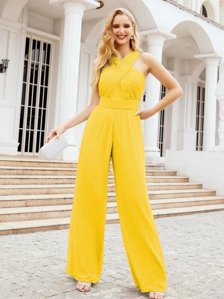 Numbersea Crisscross Neck Jumpsuit Formal Evening Dress Long Bridesmaid Dresses Bell-bottomed Pants 28033 by numbersea